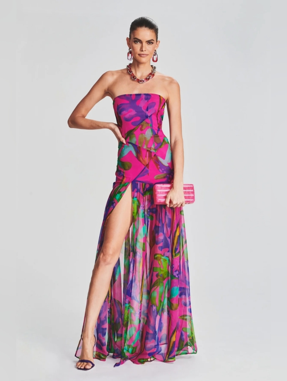 Floral Tube Top Slit Backless Maxi Dress